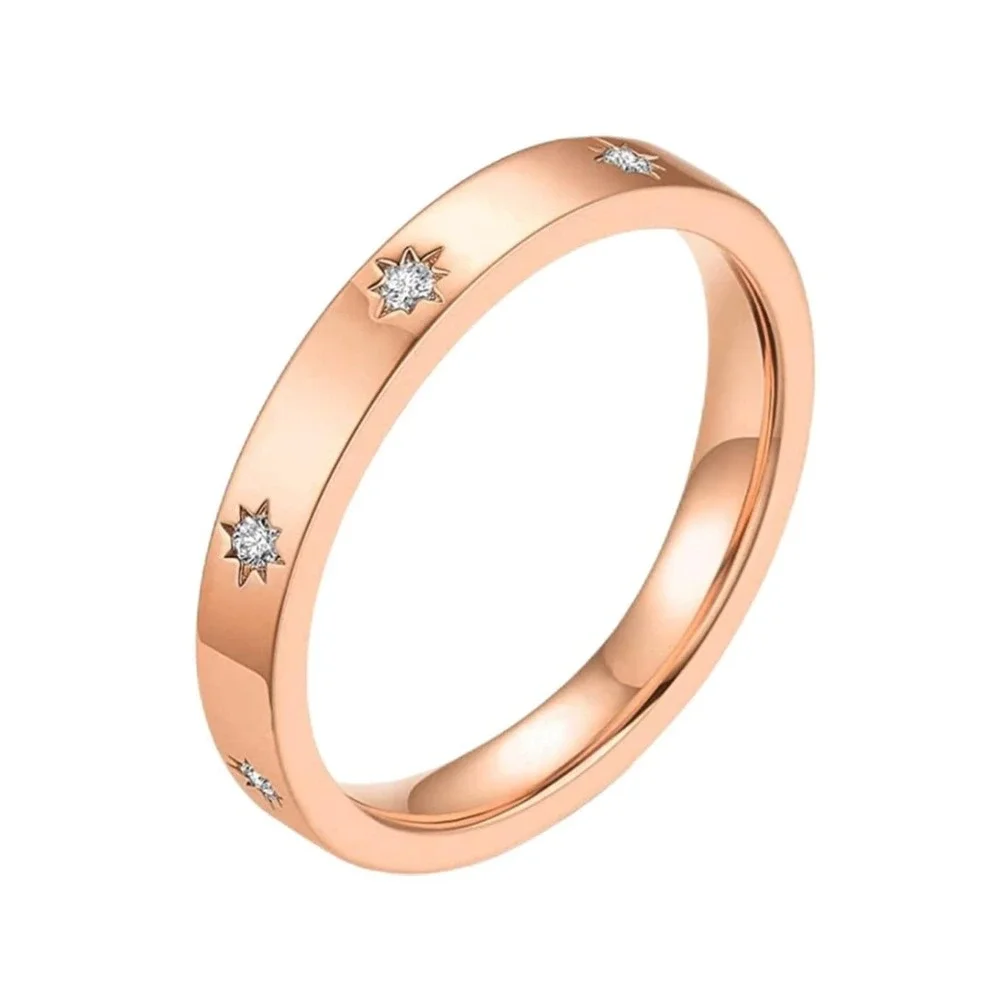 Rose Gold Starburst Celestial Band Ring Size 8 Stainless Steel Cubic‎ Zirconia